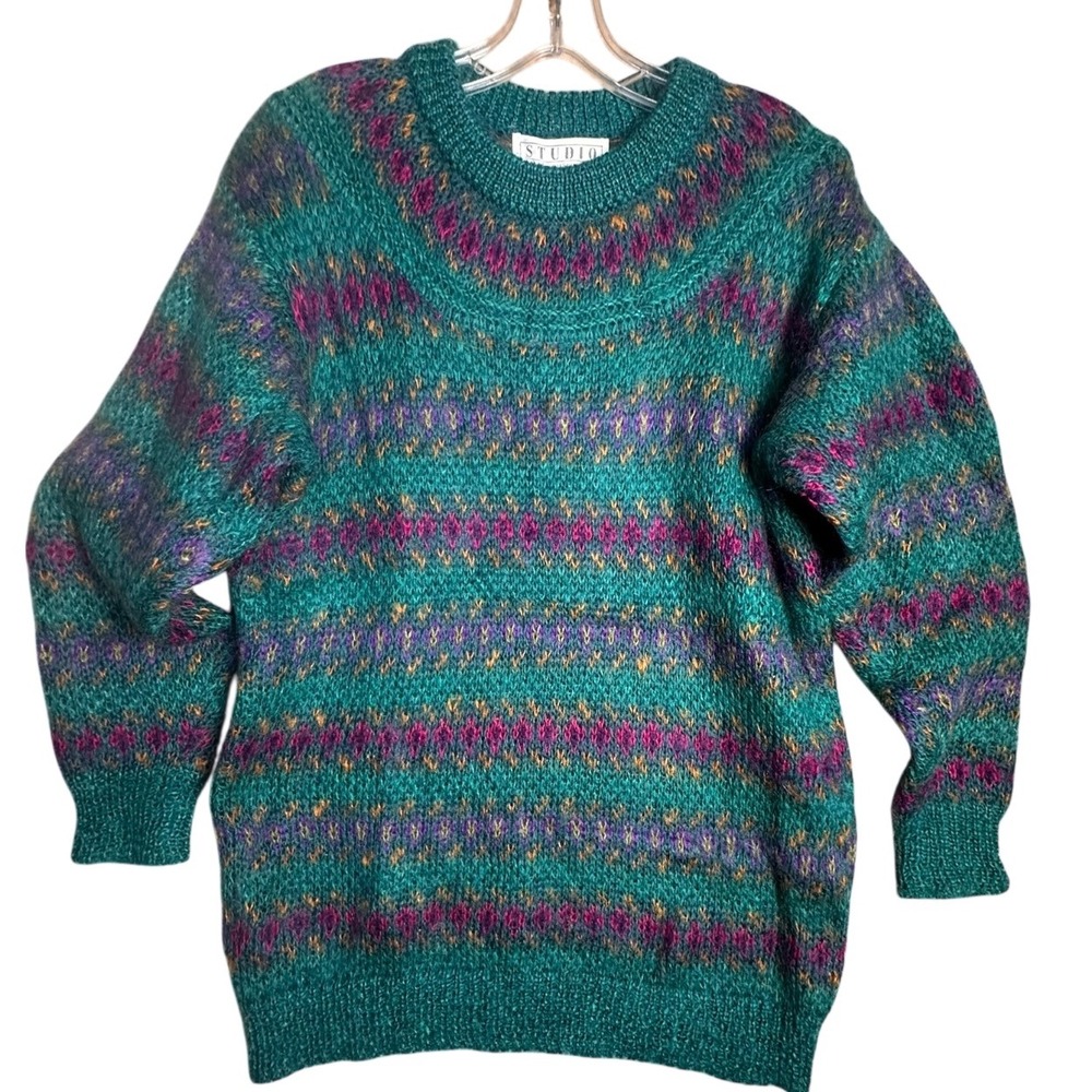 Vintage 80s Michelle Stuart Mohair Wool Fair Isle Sweater‎ Teal Woman Sz M